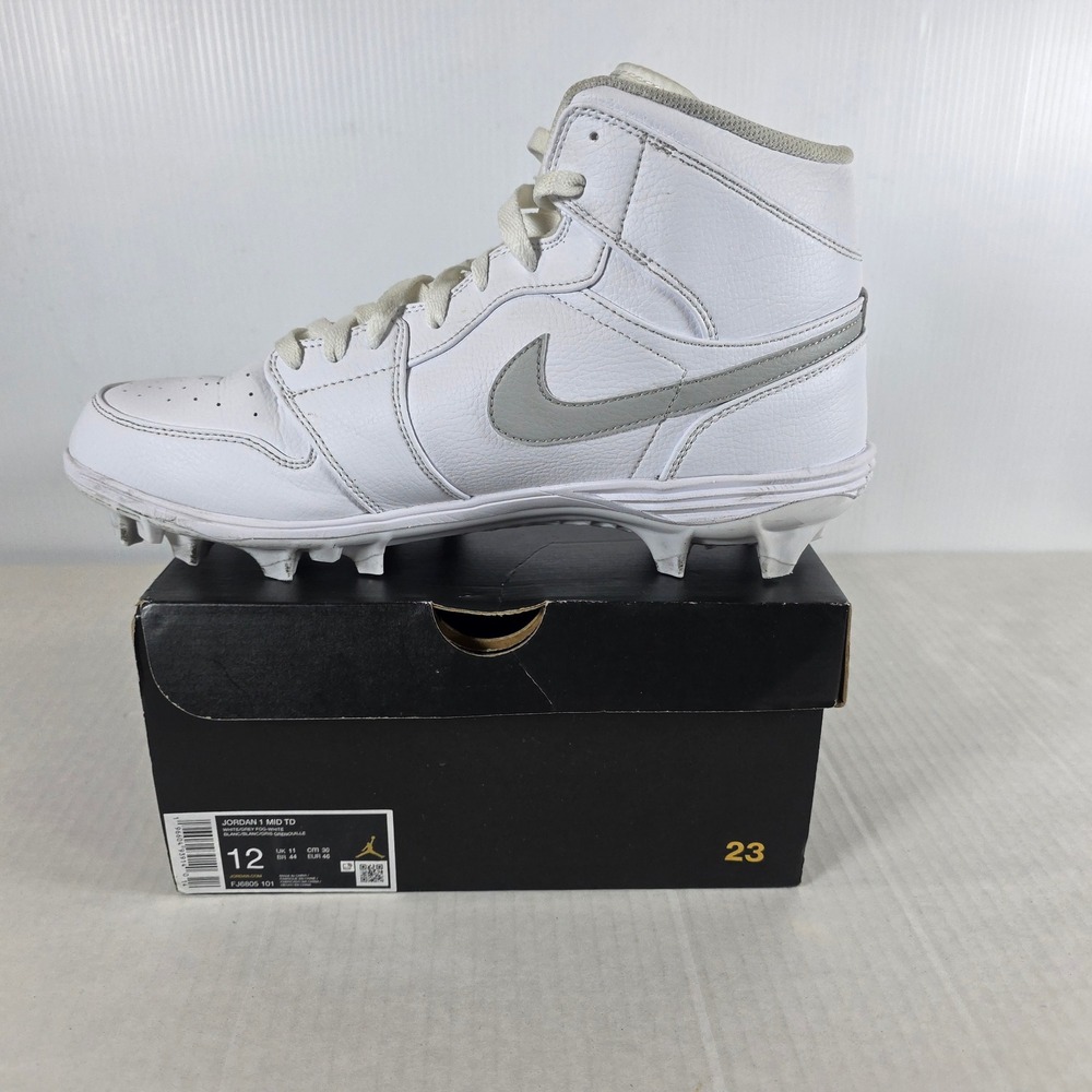 Nike Air Jordan 1 Retro Mid TD Football Cleats White Grey Fog Size 12 FJ6805-101